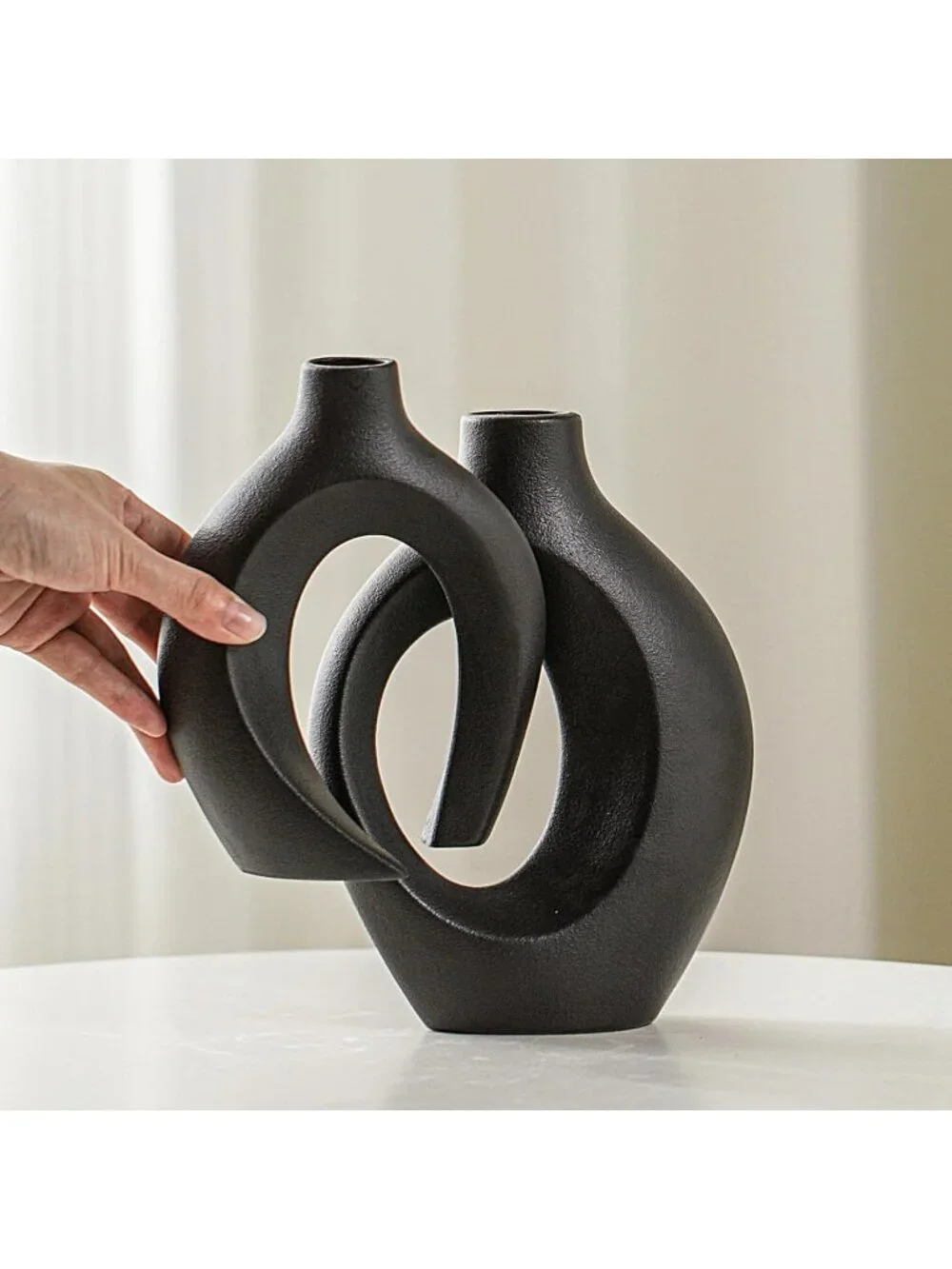 Matte Black 6.3 Hollow Ceramic Vase Set Of 2 Boho Tabletop Living Room Home Dec